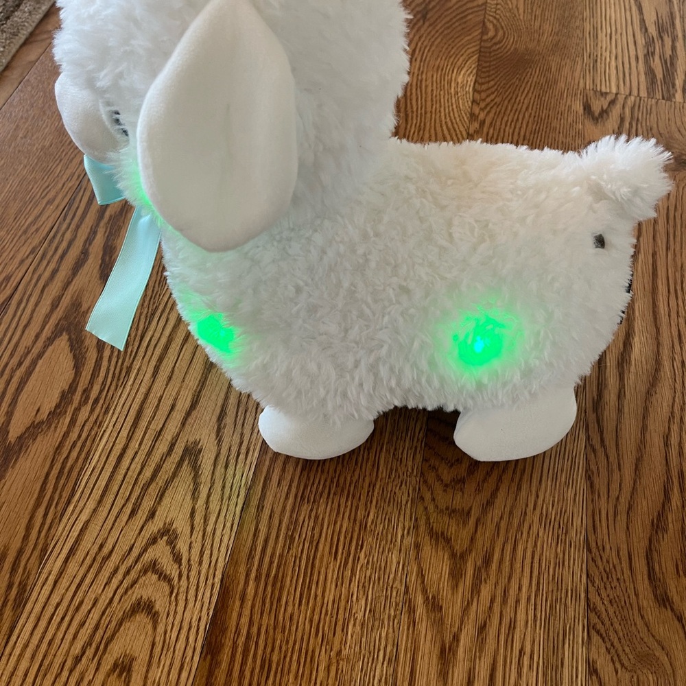 FAO SHWARTZ White and Green Stuffed Animal with Mint Ribbon and Glowing Light